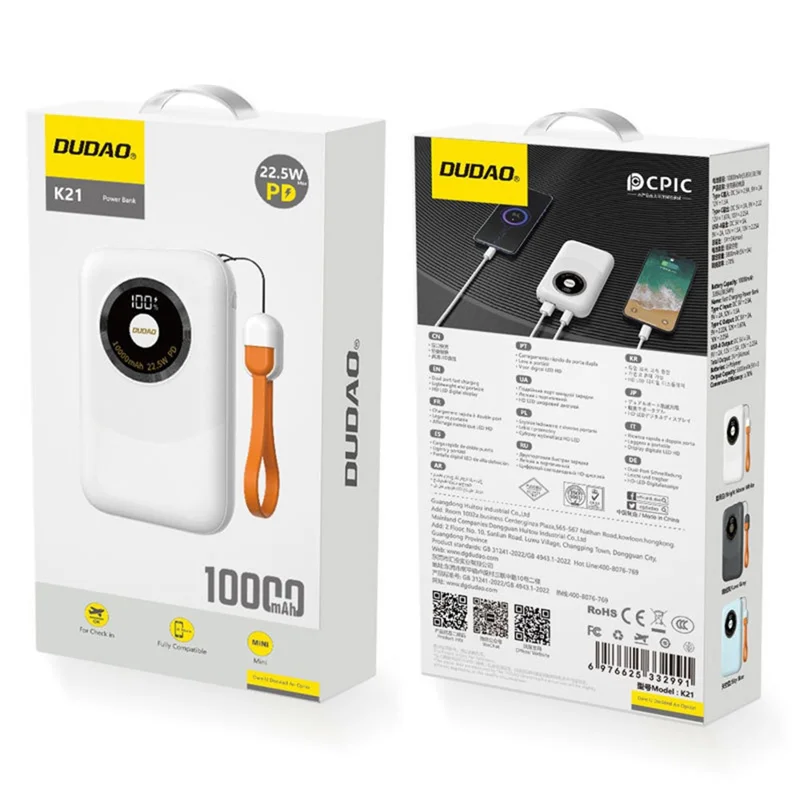 DUDAO K21 10000mAh Power Bank Portable Phone External Battery with Type-C to Type-C Cable - White