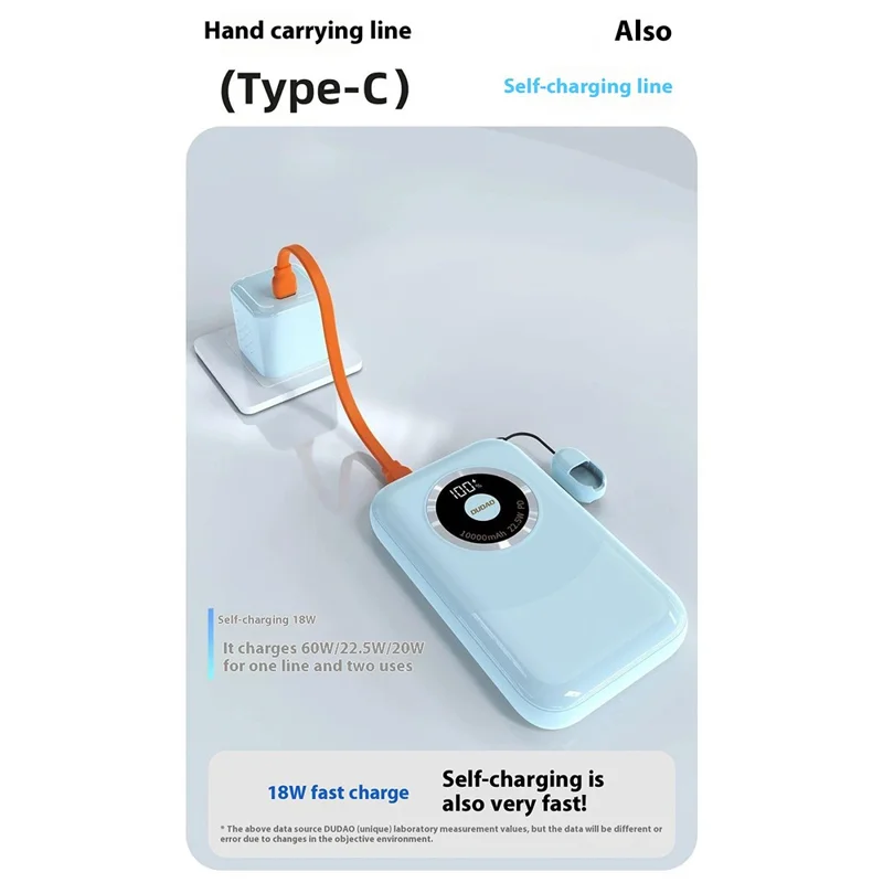 DUDAO K21 10000mAh Power Bank Portable Phone External Battery with Type-C to Type-C Cable - White