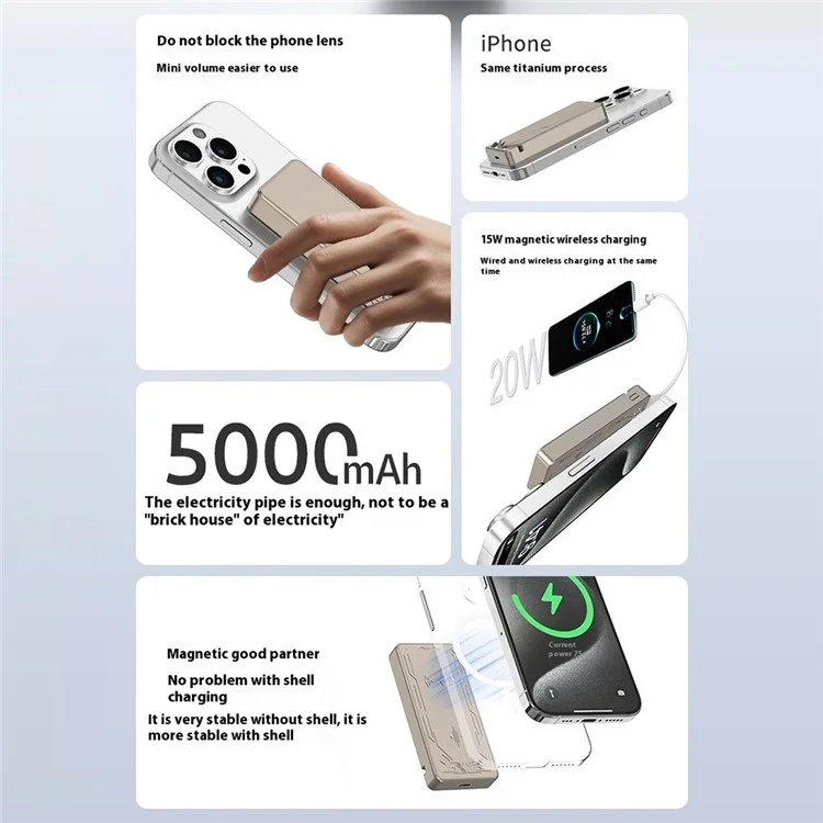 L4A 5000mAh Power Bank 15W Magnetic Phone Wireless Charger - Titanium Gold