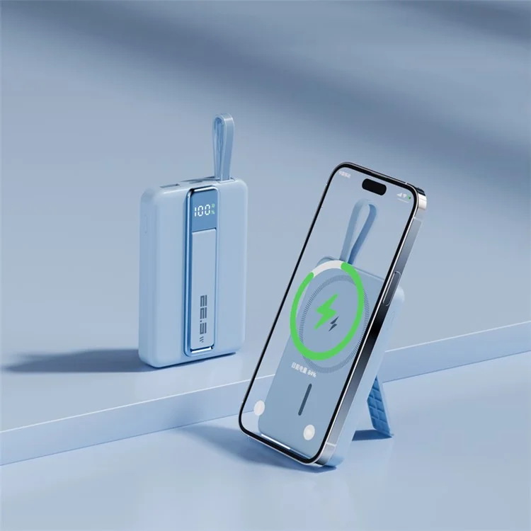 Batterie externe X5 15W 10000mAh avec chargeur sans fil magnétique pour téléphone et câble Type-C vers iP - Bleu