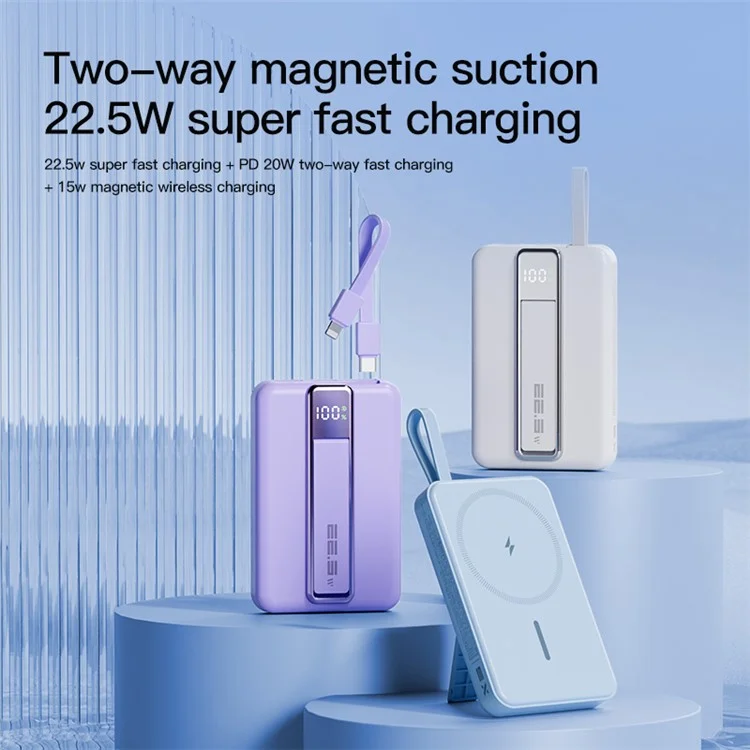 Batterie externe X5 15W 10000mAh avec chargeur sans fil magnétique pour téléphone et câble Type-C vers iP - Bleu