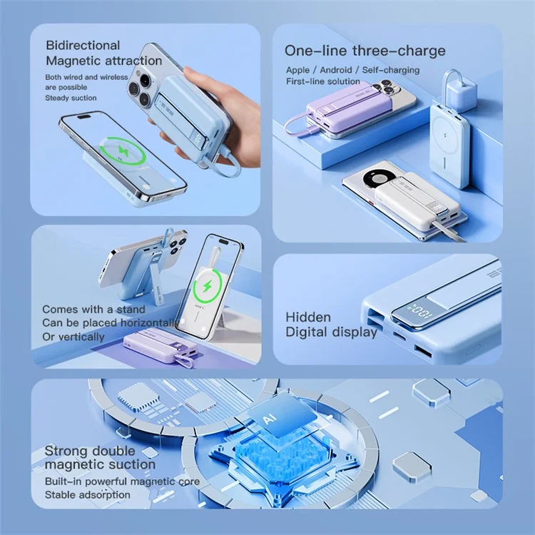 Batterie externe X5 15W 10000mAh avec chargeur sans fil magnétique pour téléphone et câble Type-C vers iP - Bleu