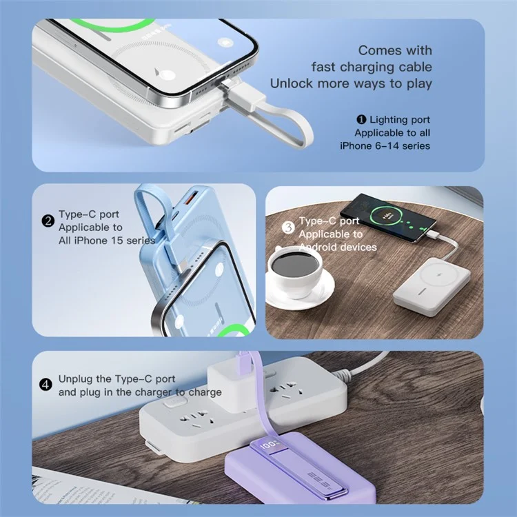 Batterie externe X5 15W 10000mAh avec chargeur sans fil magnétique pour téléphone et câble Type-C vers iP - Bleu