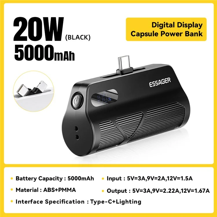 Banco de energía ESSAGER de 5000 mAh con pantalla digital y cargador de teléfono con conectores Tipo-C y doble enchufe - Negro