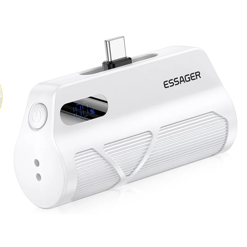 ESSAGER 5000mAh Power Bank Digital Display Phone Charger with Type-C IP Dual Plugs - White