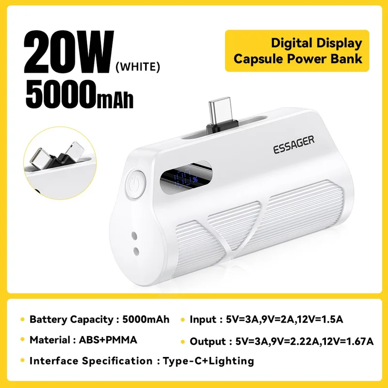 ESSAGER 5000mAh Power Bank Digital Display Phone Charger with Type-C IP Dual Plugs - White