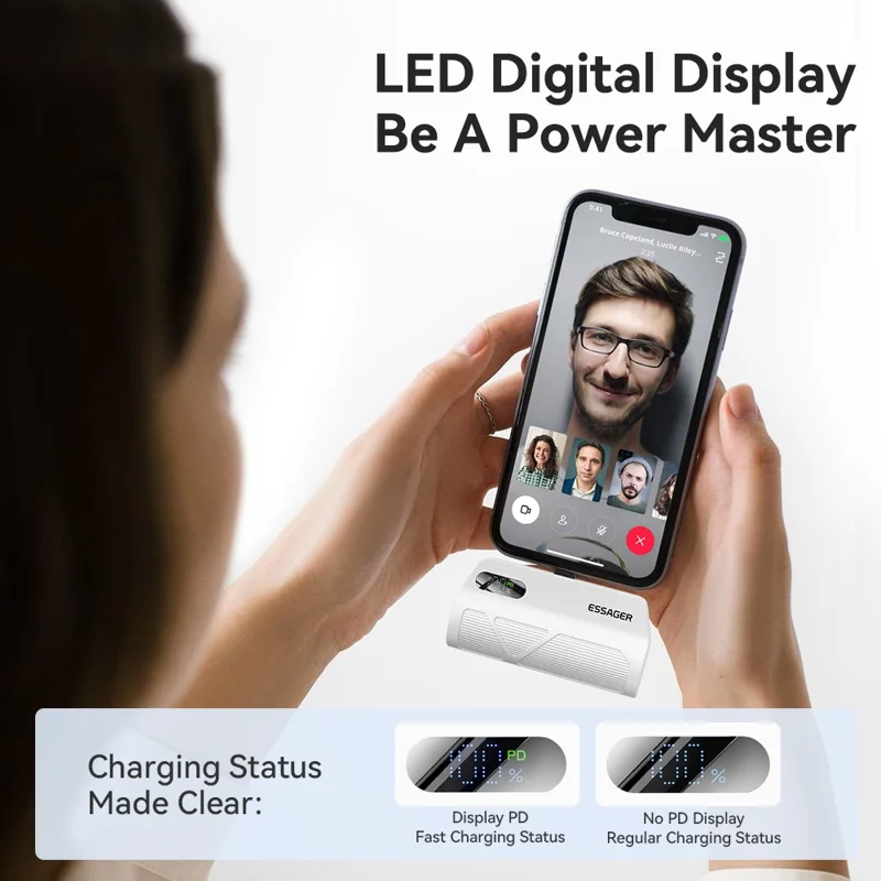 ESSAGER 5000mAh Power Bank Digital Display Phone Charger with Type-C IP Dual Plugs - White
