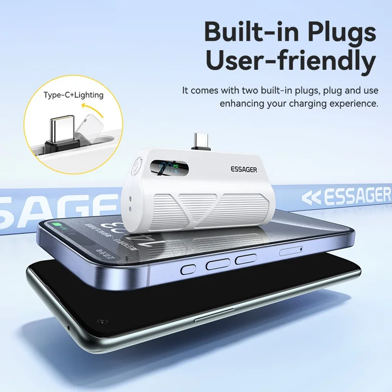 ESSAGER 5000mAh Power Bank Digital Display Phone Charger with Type-C IP Dual Plugs - White