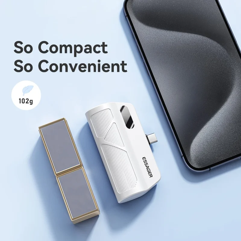 ESSAGER 5000mAh Power Bank Digital Display Phone Charger with Type-C IP Dual Plugs - White