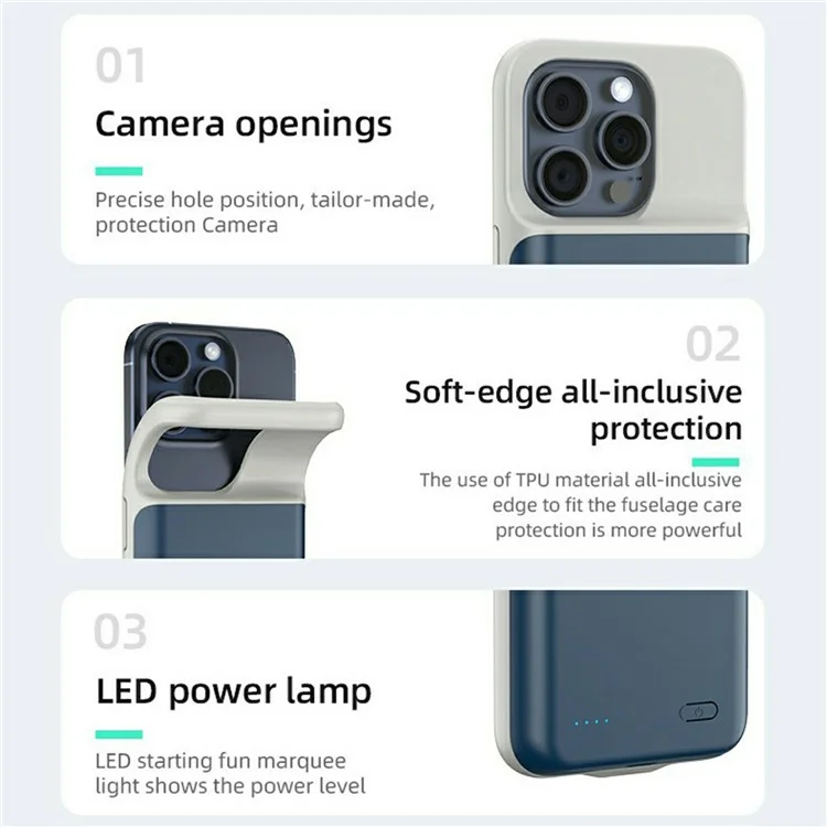 For iPhone 16 Pro Max Charging Back Case 7000mAh Power Bank Phone Backup Battery Pack - Blue