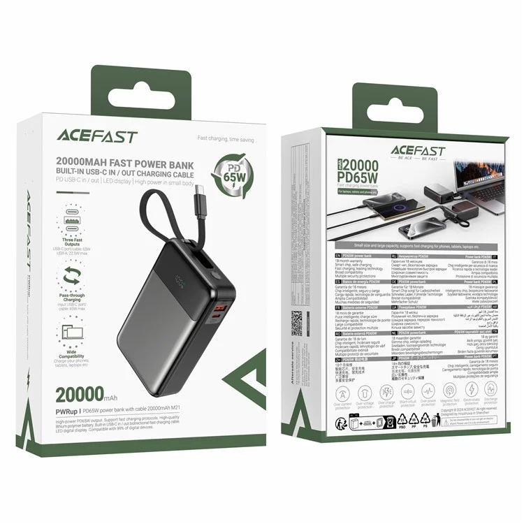 ACEFAST M21-20000 Power Bank 20000mAh PD 65W Phone Charger with Built-In Type-C Cable