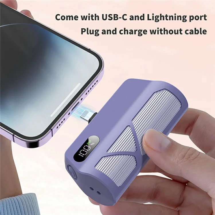QH185 5000-mAh-Kapsel-Powerbank mit digitaler Anzeige, Typ-C-iP-Dual-Stecker-Ladegerät - Weiß