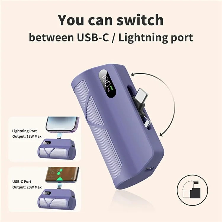 QH185 5000-mAh-Kapsel-Powerbank mit digitaler Anzeige, Typ-C-iP-Dual-Stecker-Ladegerät - Weiß
