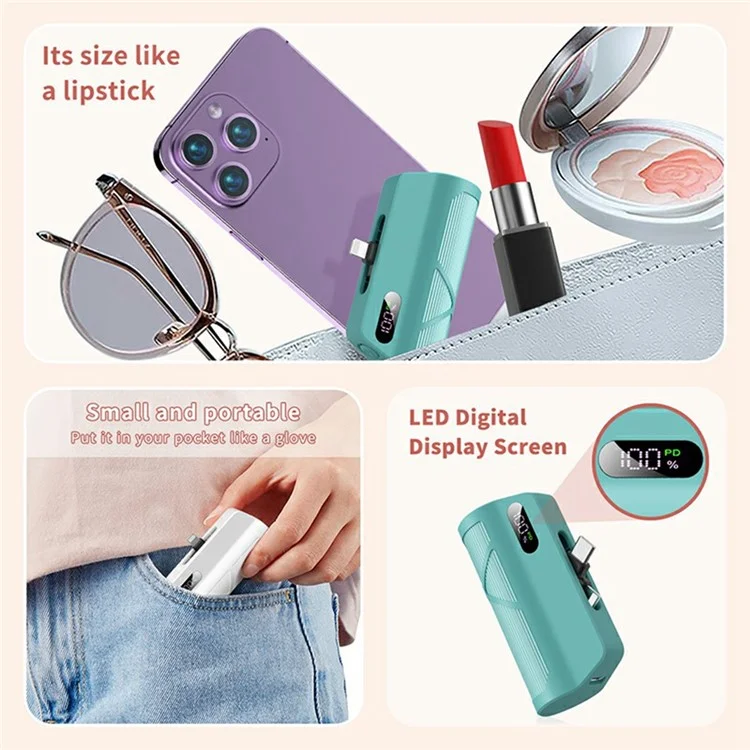 QH185 5000-mAh-Kapsel-Powerbank mit digitaler Anzeige, Typ-C-iP-Dual-Stecker-Ladegerät - Weiß
