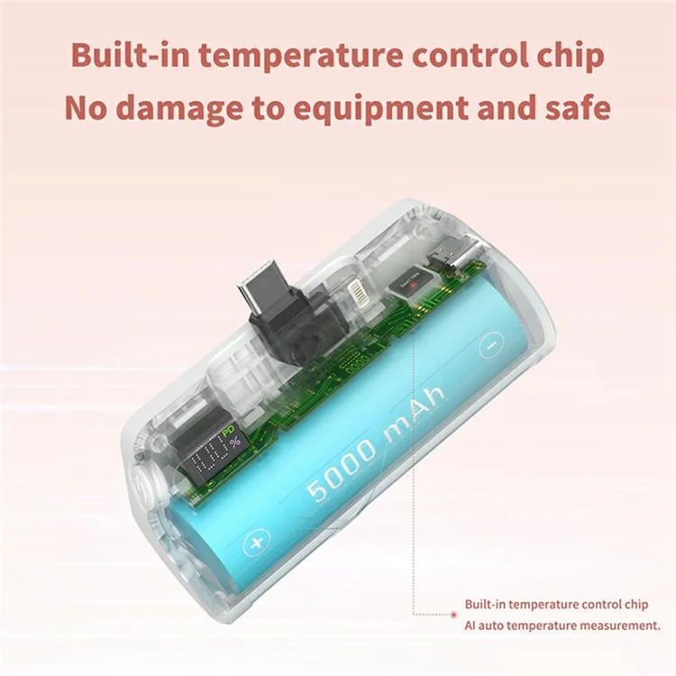 QH185 5000-mAh-Kapsel-Powerbank mit digitaler Anzeige, Typ-C-iP-Dual-Stecker-Ladegerät - Weiß
