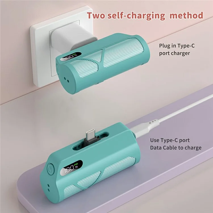 QH185 5000-mAh-Kapsel-Powerbank mit digitaler Anzeige, Typ-C-iP-Dual-Stecker-Ladegerät - Weiß