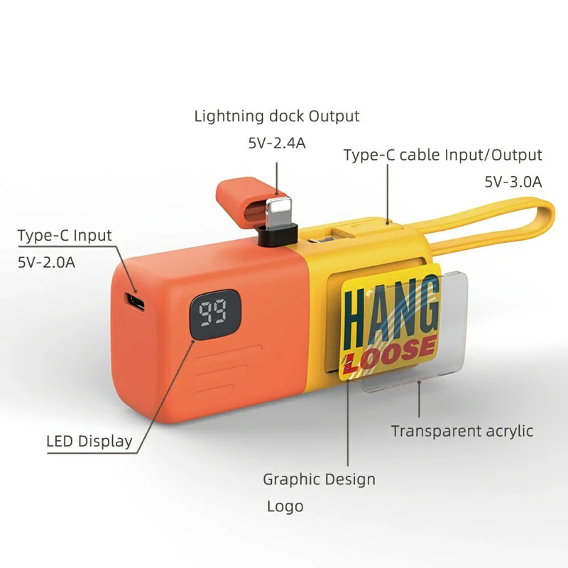 T4 5000mAh Capsule Power Bank Digital Display Phone Charger - Dark Blue+Yellow / Type-C Plug+Type-C Cable