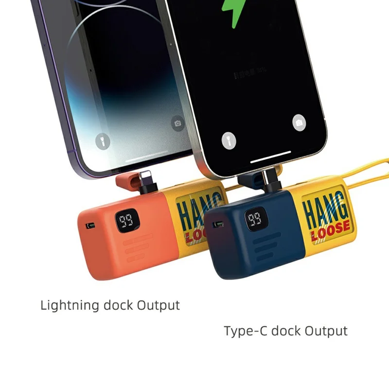 T4 5000mAh Capsule Power Bank Digital Display Phone Charger - Dark Blue+Yellow / Type-C Plug+Type-C Cable