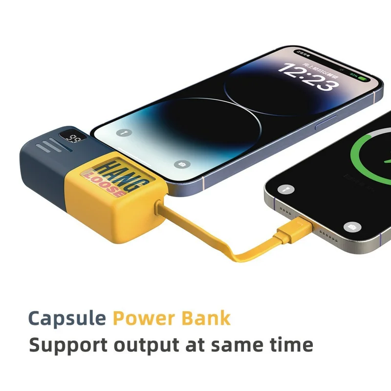 T4 5000mAh Capsule Power Bank Digital Display Phone Charger - Dark Blue+Yellow / Type-C Plug+Type-C Cable
