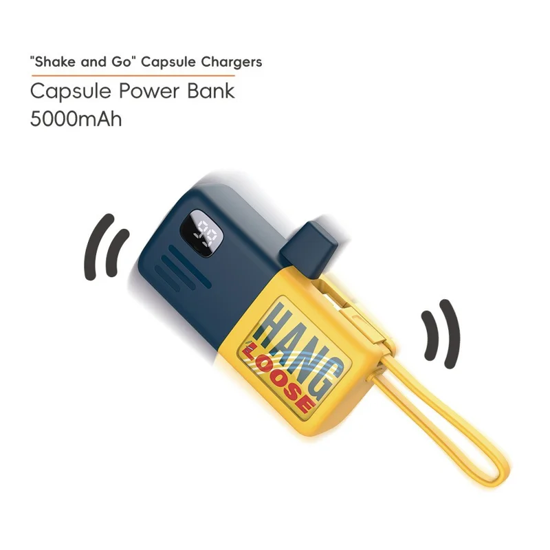 T4 5000mAh Capsule Power Bank Digital Display Phone Charger - Dark Blue+Yellow / Type-C Plug+Type-C Cable