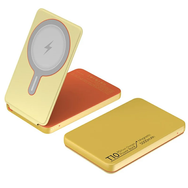 T10 PD Fast Charging 5000mAh Power Bank Foldable Magnetic Wireless Charger - Yellow