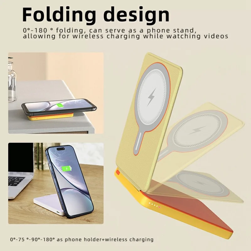 T10 PD Fast Charging 5000mAh Power Bank Foldable Magnetic Wireless Charger - Yellow