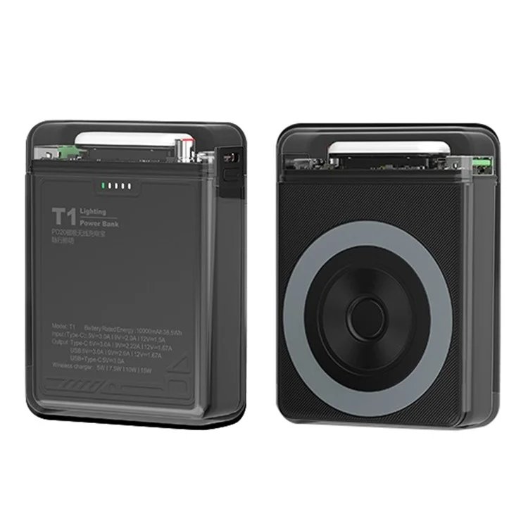 T1 Portable 15W Magnetic Wireless Charger 10000mAh Power Bank with LED Light - Black