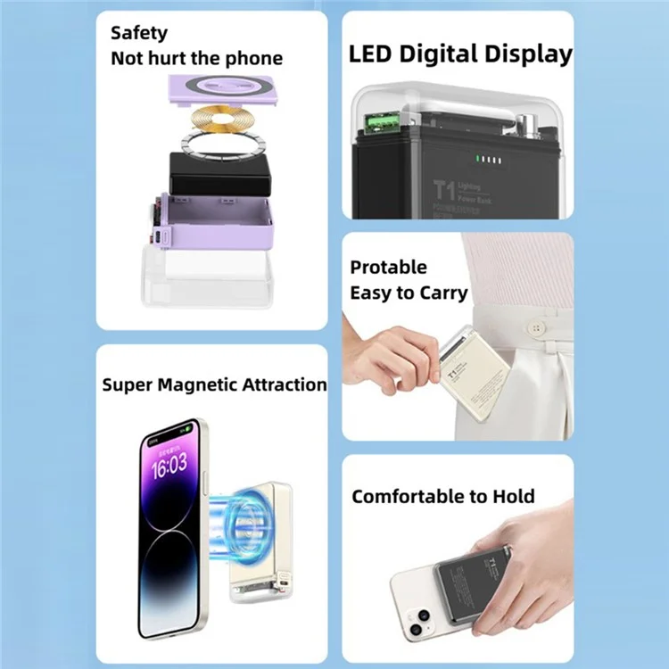 T1 Portable 15W Magnetic Wireless Charger 10000mAh Power Bank with LED Light - Black