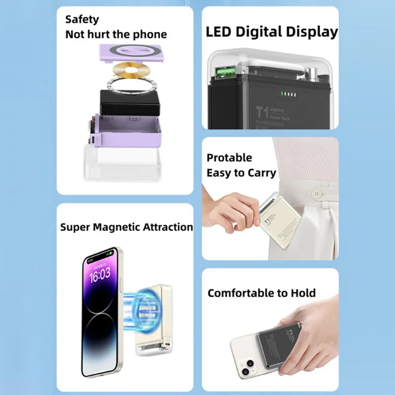 T1 Portable 15W Magnetic Wireless Charger 10000mAh Power Bank with LED Light - Beige