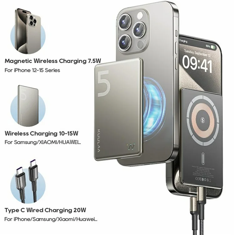 KUULAA KL-YD67 Ultra-Thin 15W Magnetic Wireless Charger 5000mAh Phone Power Bank - Grey