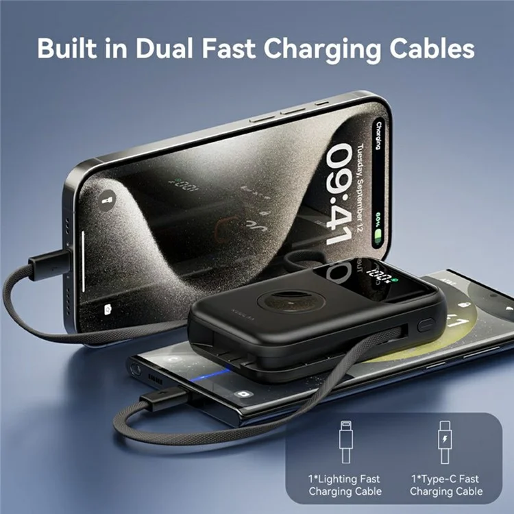 KUULAA KL-YD80 Digital Display Power Bank 10000mAh Phone Charger with 2 Built-In Cables