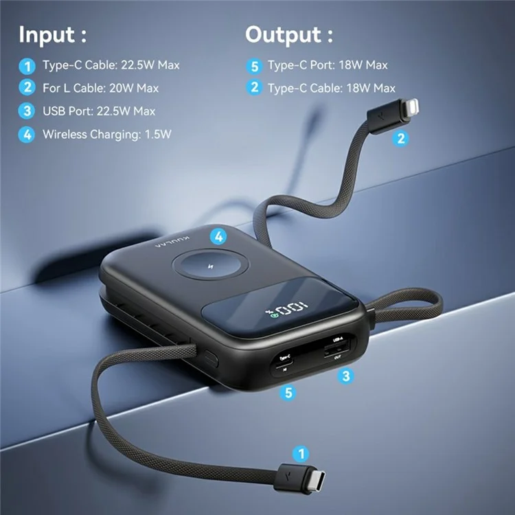 KUULAA KL-YD80 Digital Display Power Bank 10000mAh Phone Charger with 2 Built-In Cables