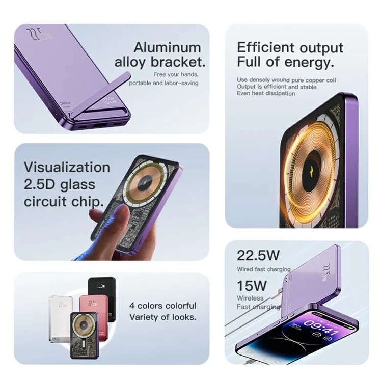 CYKE H1 10 000 mAh Batterie externe magnétique Chargeur portable sans fil avec support - Violet