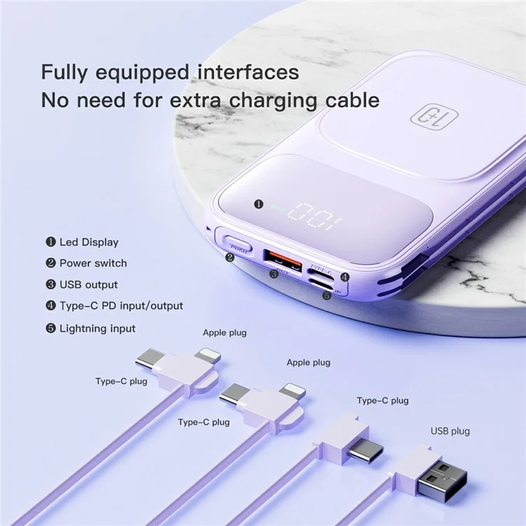 CYKE W1 10000мАч магнитный Power Bank с быстрой зарядкой, беспроводное портативное зарядное устройство со встроенными кабелями - Белый
