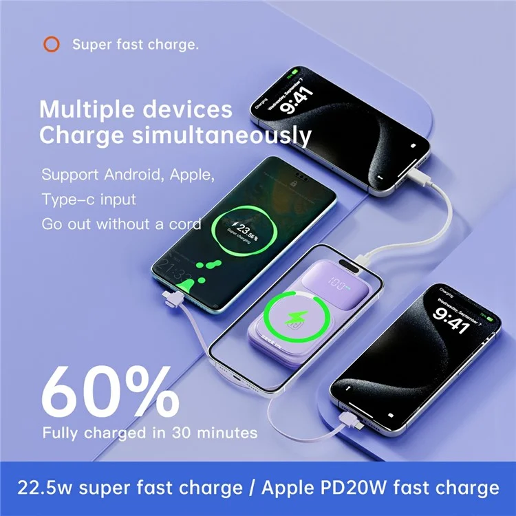 CYKE W1 10000мАч магнитный Power Bank с быстрой зарядкой, беспроводное портативное зарядное устройство со встроенными кабелями - Белый