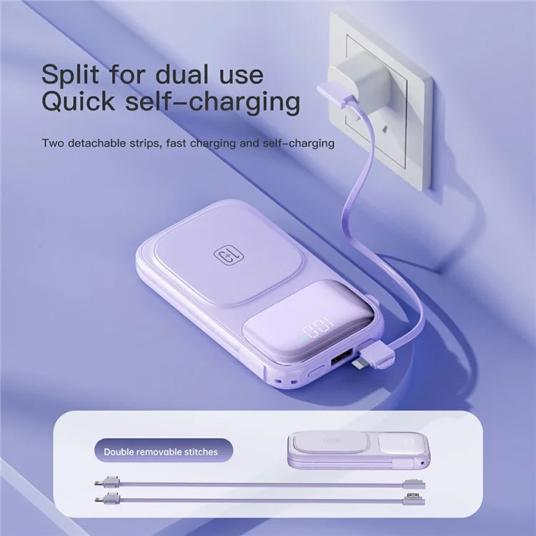 CYKE W1 10000мАч магнитный Power Bank с быстрой зарядкой, беспроводное портативное зарядное устройство со встроенными кабелями - Белый