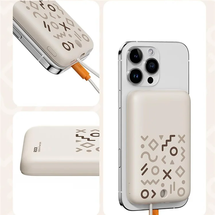 ROCK P28 Powerbank magnetico da 10000mAh con cavo, caricatore portatile per telefono - Beige
