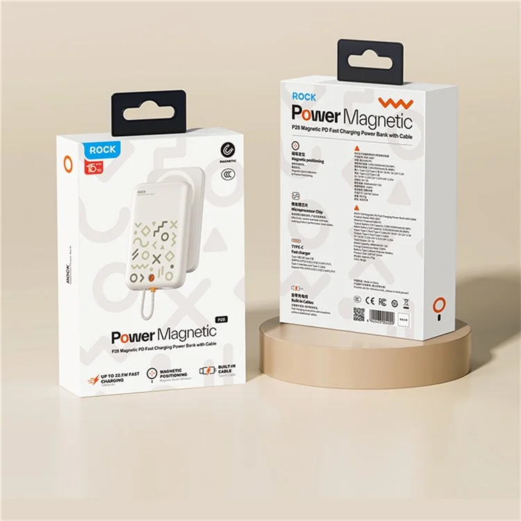 ROCK P28 Powerbank magnetico da 10000mAh con cavo, caricatore portatile per telefono - Beige