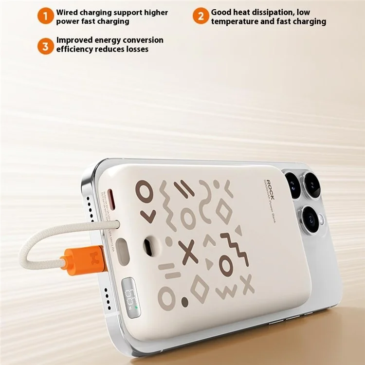 ROCK P28 Powerbank magnetico da 10000mAh con cavo, caricatore portatile per telefono - Beige