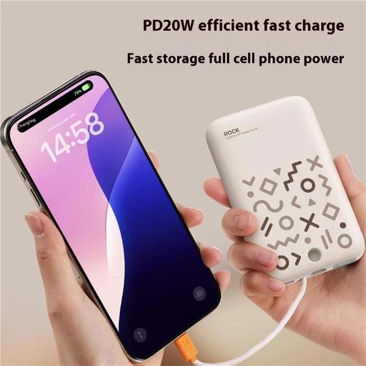 ROCK P28 Powerbank magnetico da 10000mAh con cavo, caricatore portatile per telefono - Beige