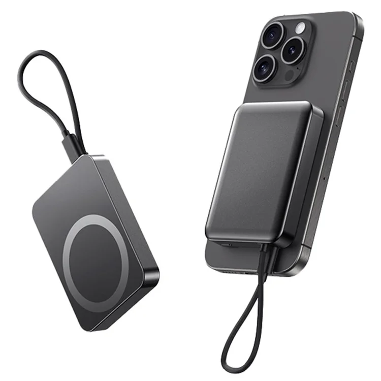 8736E 10000mAh Phone Power Bank 15W Wireless Magnetic Charger with Built-In Type-C Cable - Titanium