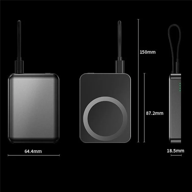 8736E 10000mAh Phone Power Bank 15W Wireless Magnetic Charger with Built-In Type-C Cable - Titanium