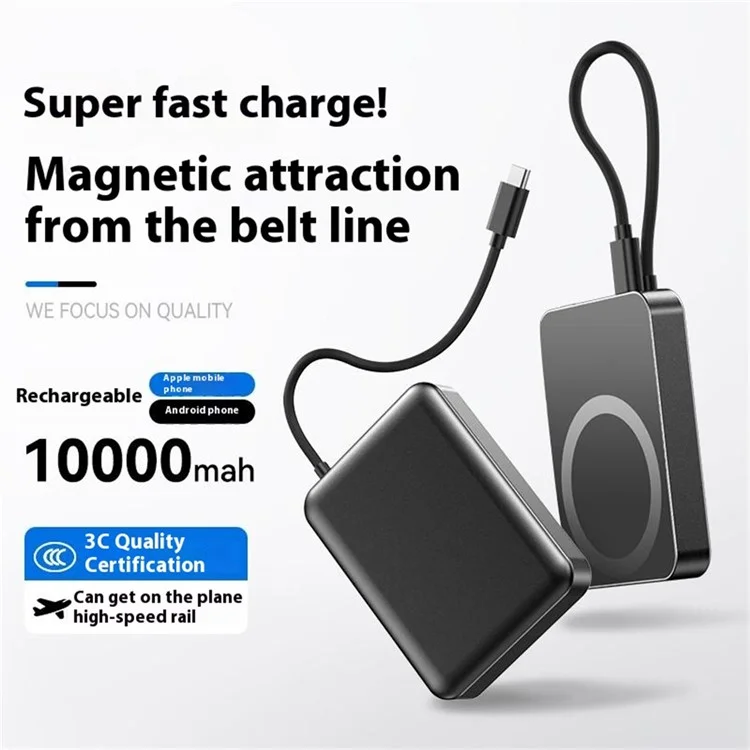 8736E 10000mAh Phone Power Bank 15W Wireless Magnetic Charger with Built-In Type-C Cable - Titanium