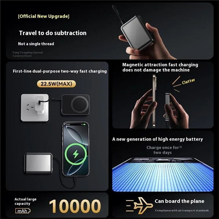 8736E 10000mAh Phone Power Bank 15W Wireless Magnetic Charger with Built-In Type-C Cable - Titanium