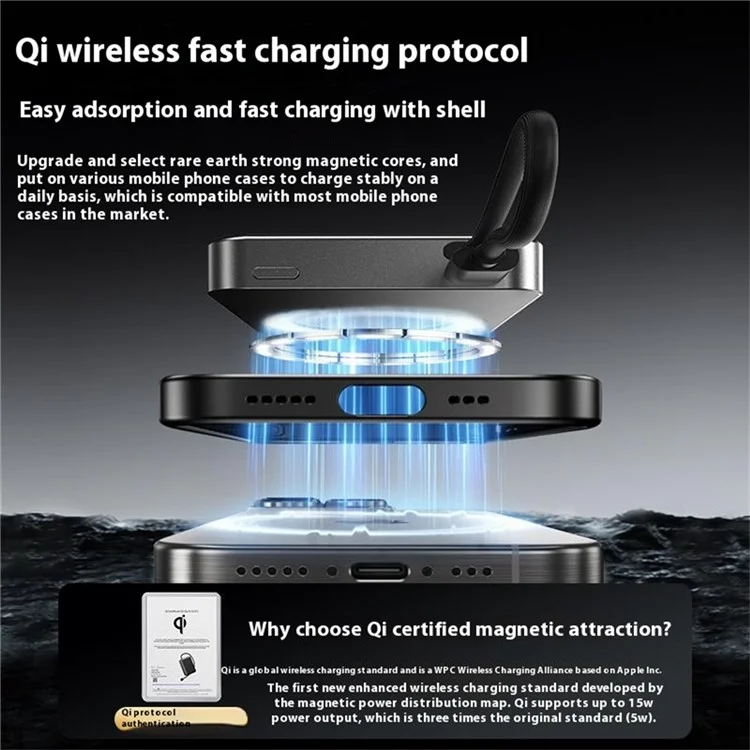 8736E 10000mAh Phone Power Bank 15W Wireless Magnetic Charger with Built-In Type-C Cable - Titanium