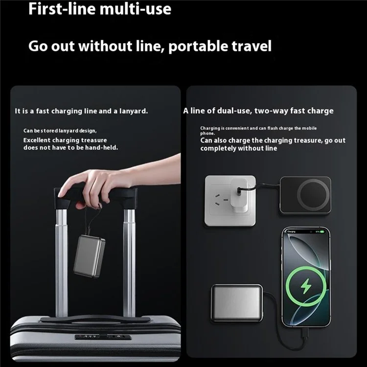 8736E 10000mAh Phone Power Bank 15W Wireless Magnetic Charger with Built-In Type-C Cable - Titanium