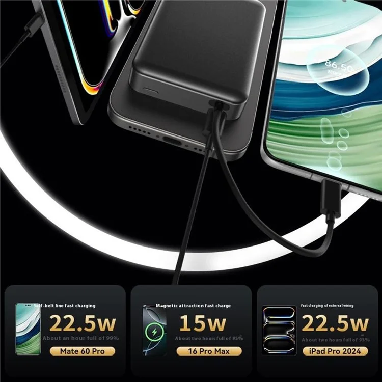 8736E 10000mAh Phone Power Bank 15W Wireless Magnetic Charger with Built-In Type-C Cable - Titanium