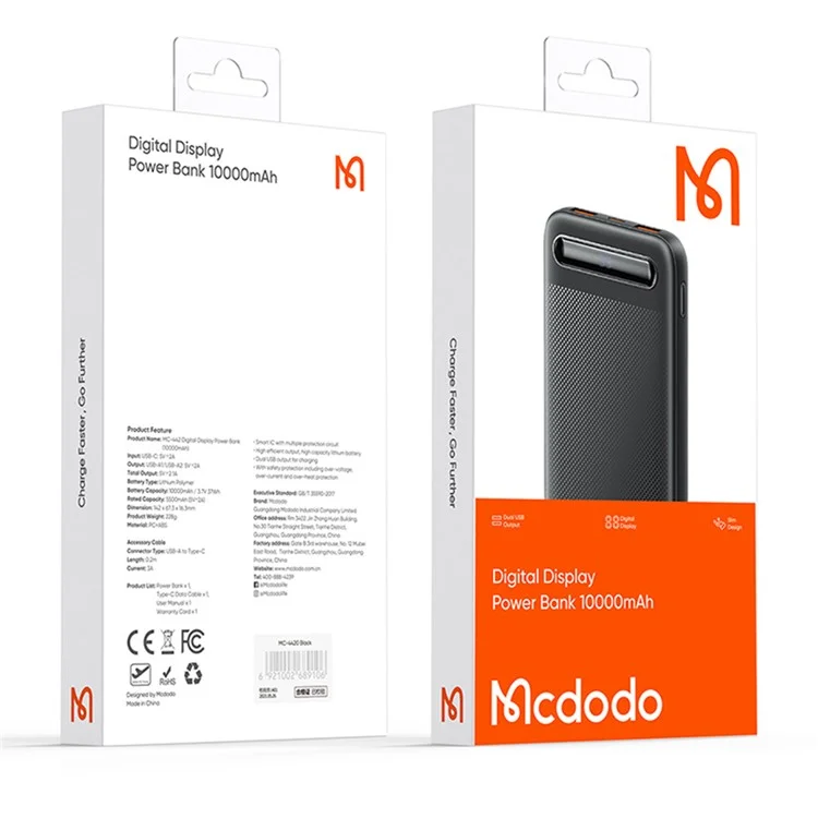 MCDODO MC-4420 10000mAh Mini Power Bank Digital Display External Charger - White