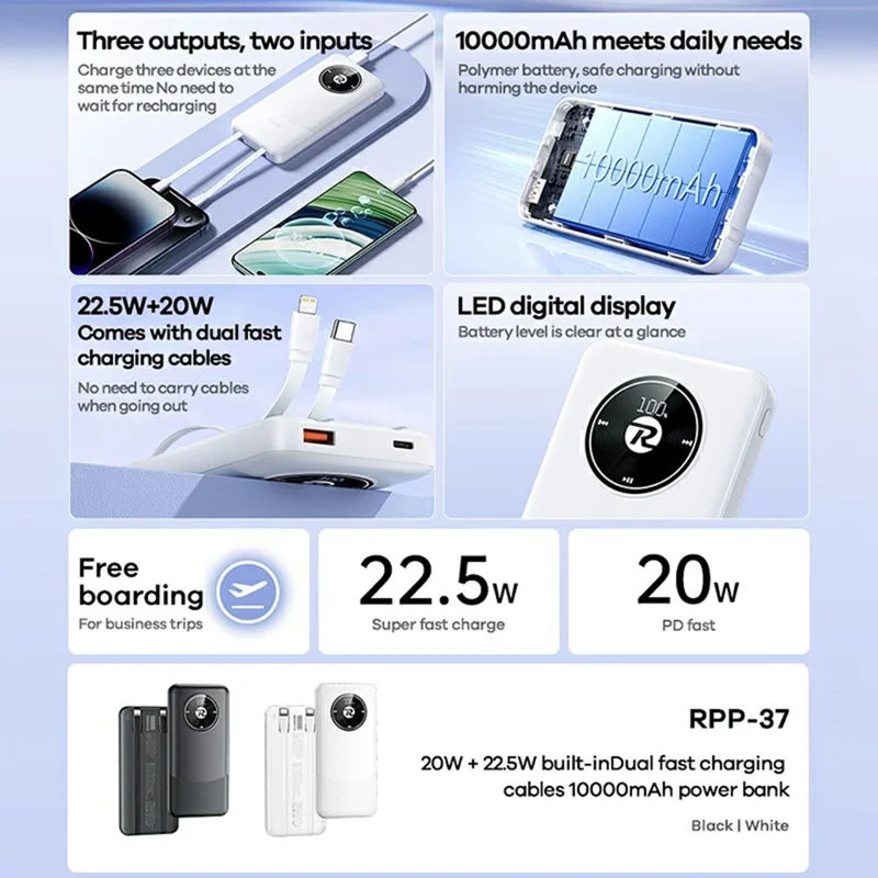 REMAX RPP-37 10000mAh Power Bank 20W + 22.5W Dual Fast Charging Built-in Cables For iPhone  /  Android - Black