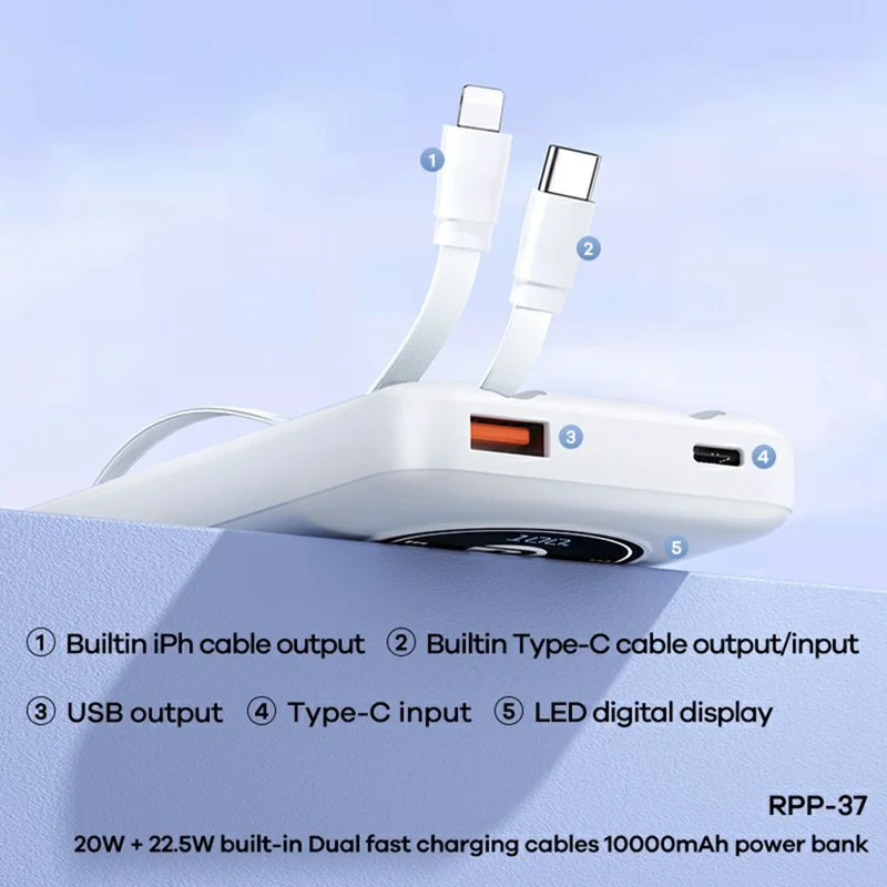 REMAX RPP-37 10000mAh Power Bank 20W + 22.5W Dual Fast Charging Built-in Cables For iPhone  /  Android - Black